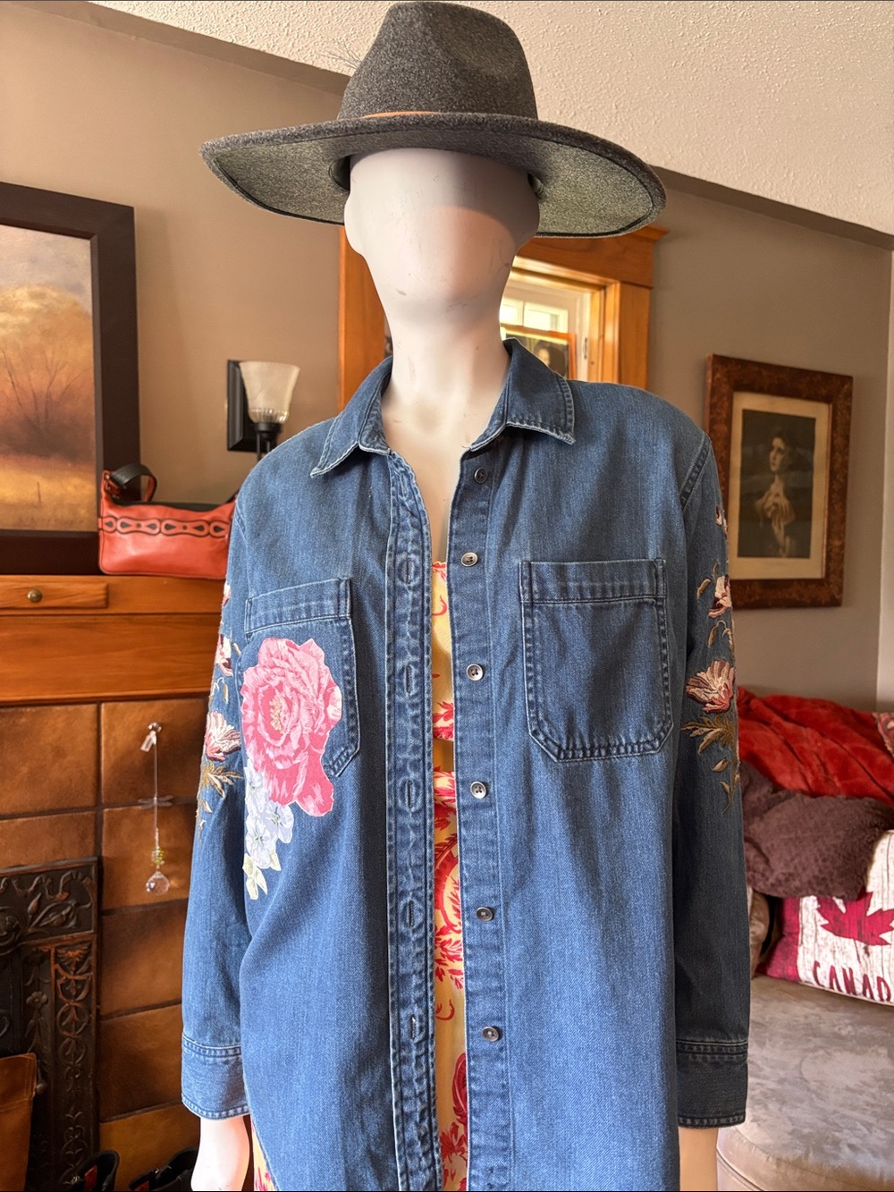 up cycled western inspired denim, embroidered and floral shirt